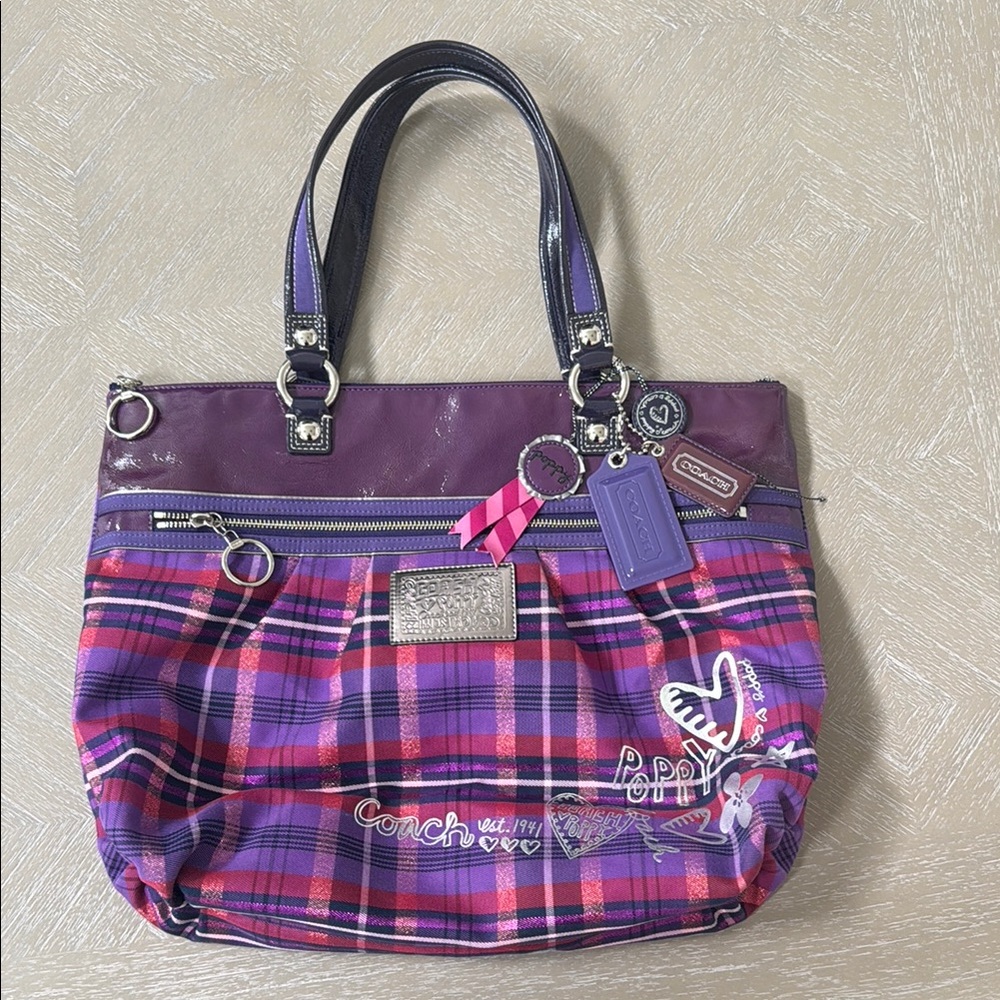 Coach Purple and Pink Shoulder Bag with Plaid Design
